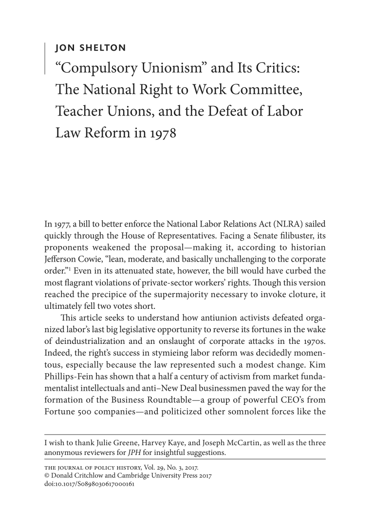 “Compulsory Unionism” and Its Critics: The National Right to Work Committee, Teacher Unions, and the Defeat of Labor Law Reform in 1978