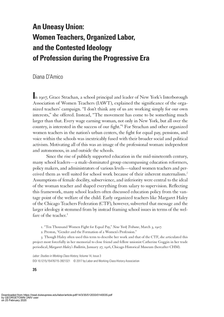 An Uneasy Union: Women Teachers, Organized Labor, and the Contested Ideology of Profession during the Progressive Era