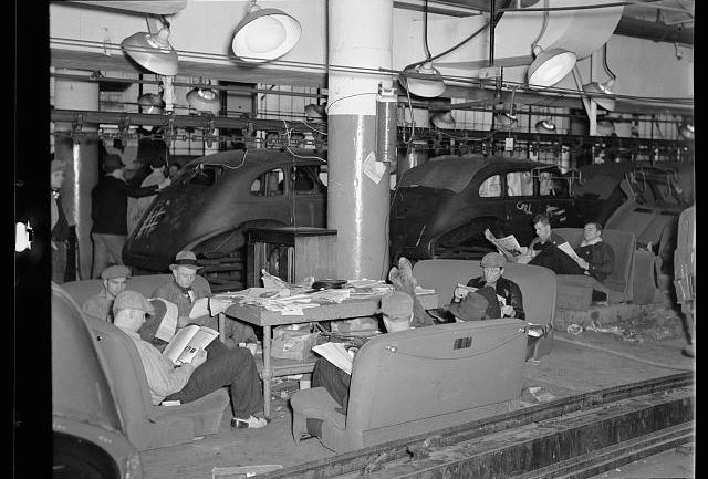 Sheldon Dick, photographer. Sitdown strikers in the Fisher body plant factory number three. Flint, Michigan. 1937. Library of Congress Prints and Photographs Division.